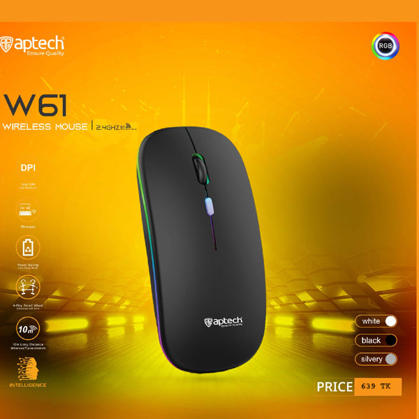 Aptech W61 Wireless Rechargeable Silent Click Mouse with RGB LED Light 2.4 GHZ Wireless Mouse